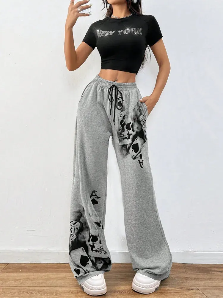 Gothic Drawstring Skulls Print Straight Pants