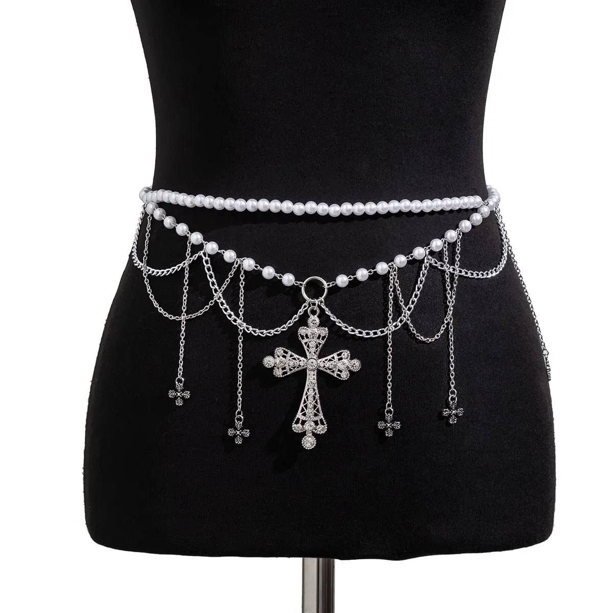 Gothic Layered Cross Tassel Pearl Waist Chain