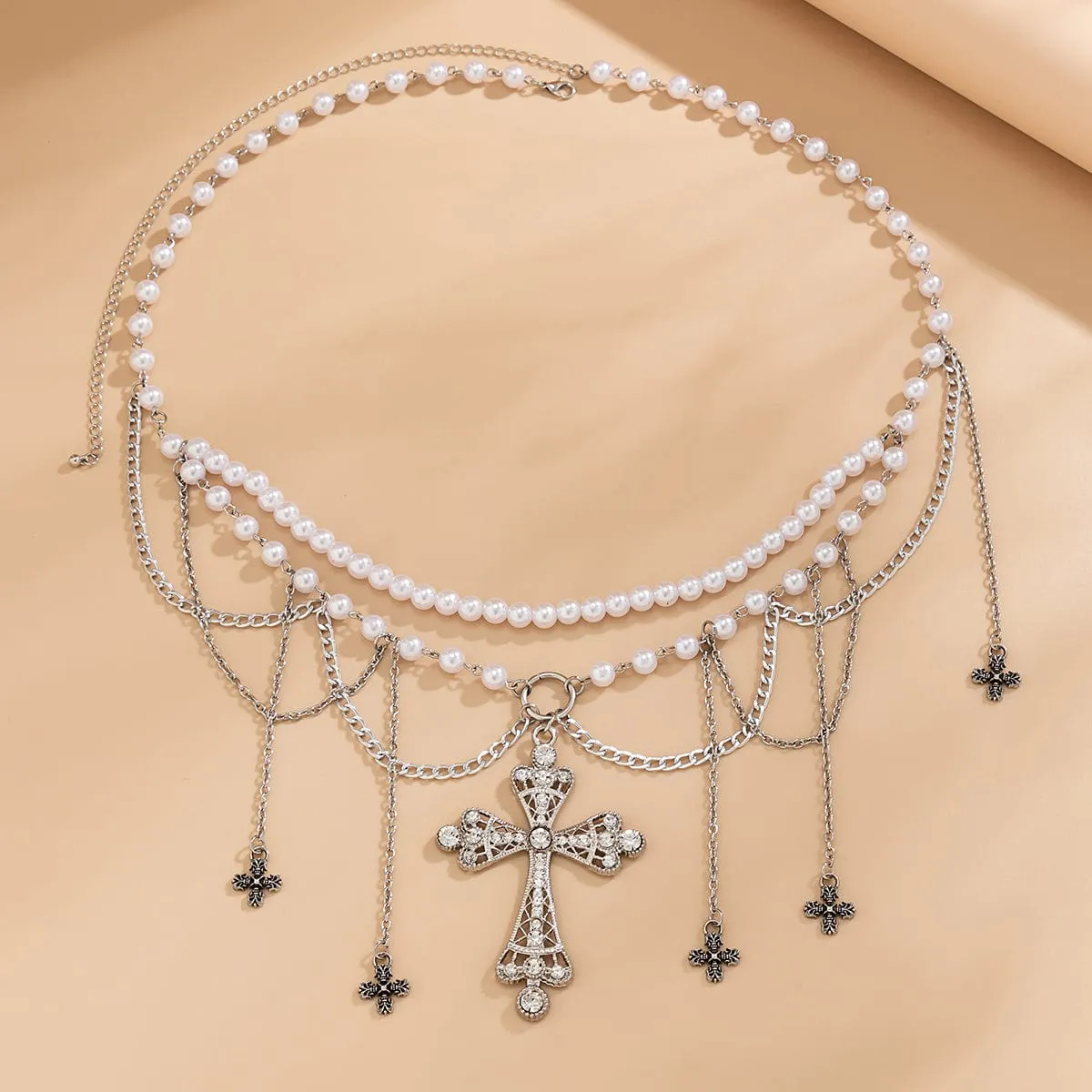 Gothic Layered Cross Tassel Pearl Waist Chain