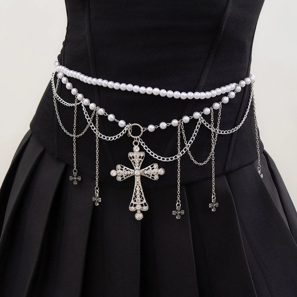 Gothic Layered Cross Tassel Pearl Waist Chain