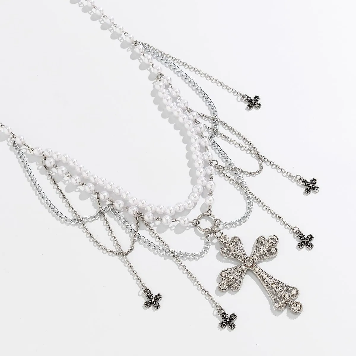 Gothic Layered Cross Tassel Pearl Waist Chain