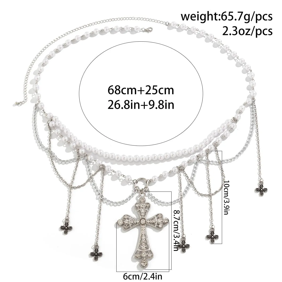 Gothic Layered Cross Tassel Pearl Waist Chain
