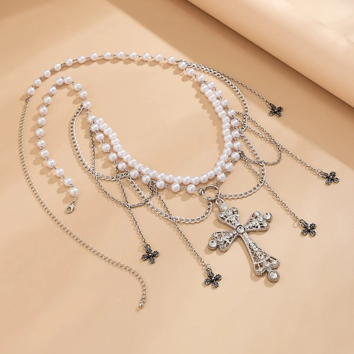 Gothic Layered Cross Tassel Pearl Waist Chain