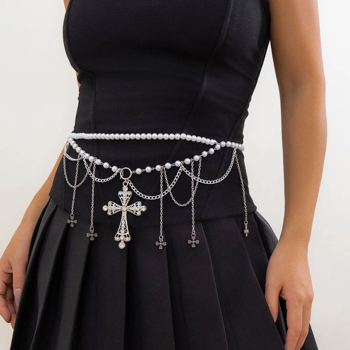 Gothic Layered Cross Tassel Pearl Waist Chain