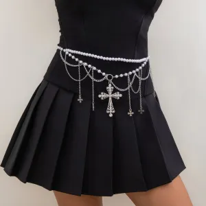 Gothic Layered Cross Tassel Pearl Waist Chain
