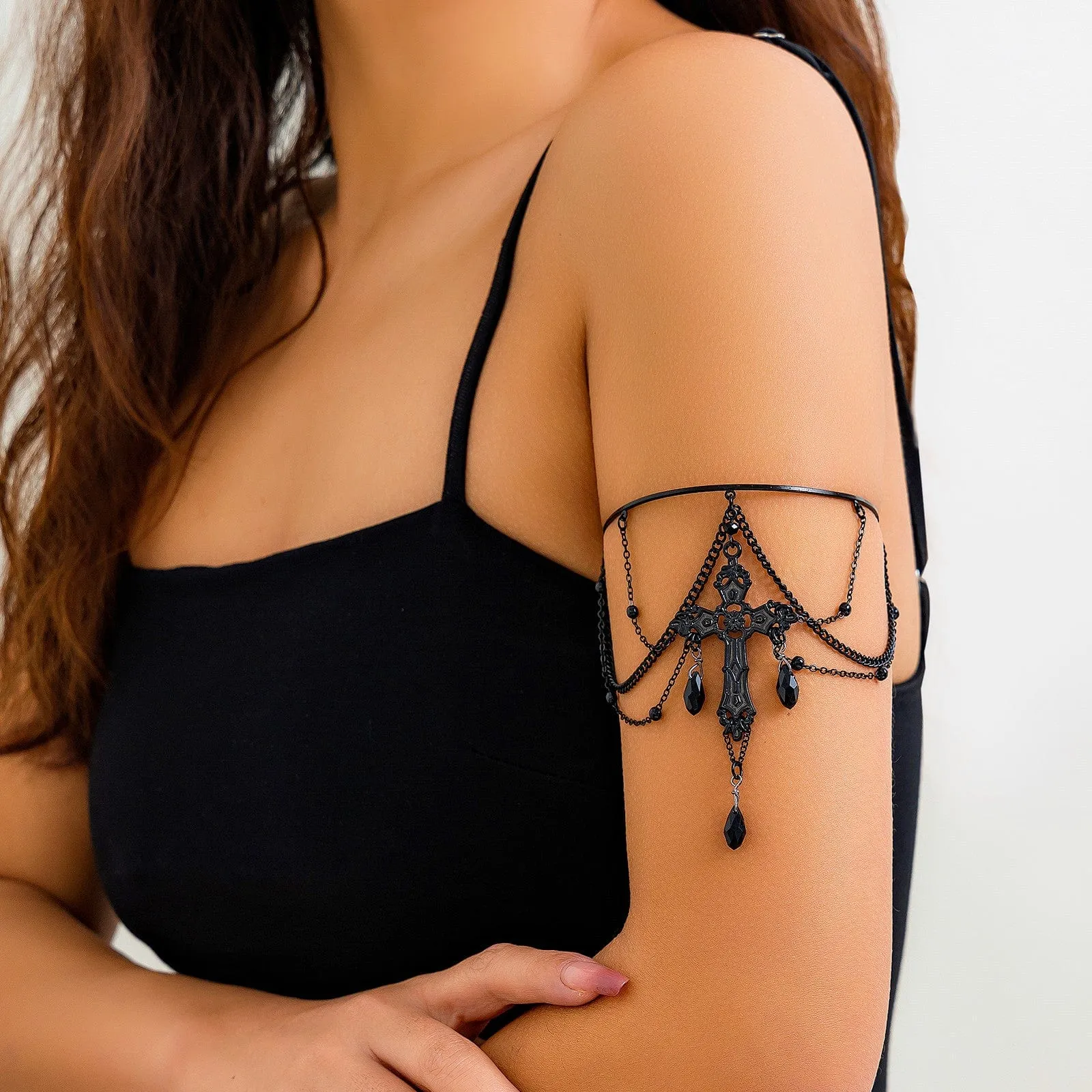 Gothic Layered Crystal Tassel Cross Arm Cuff