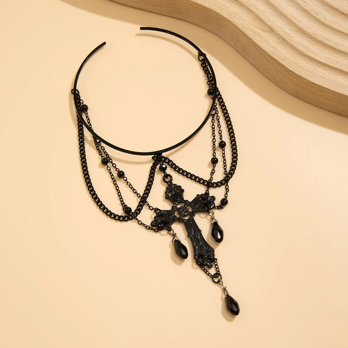 Gothic Layered Crystal Tassel Cross Arm Cuff