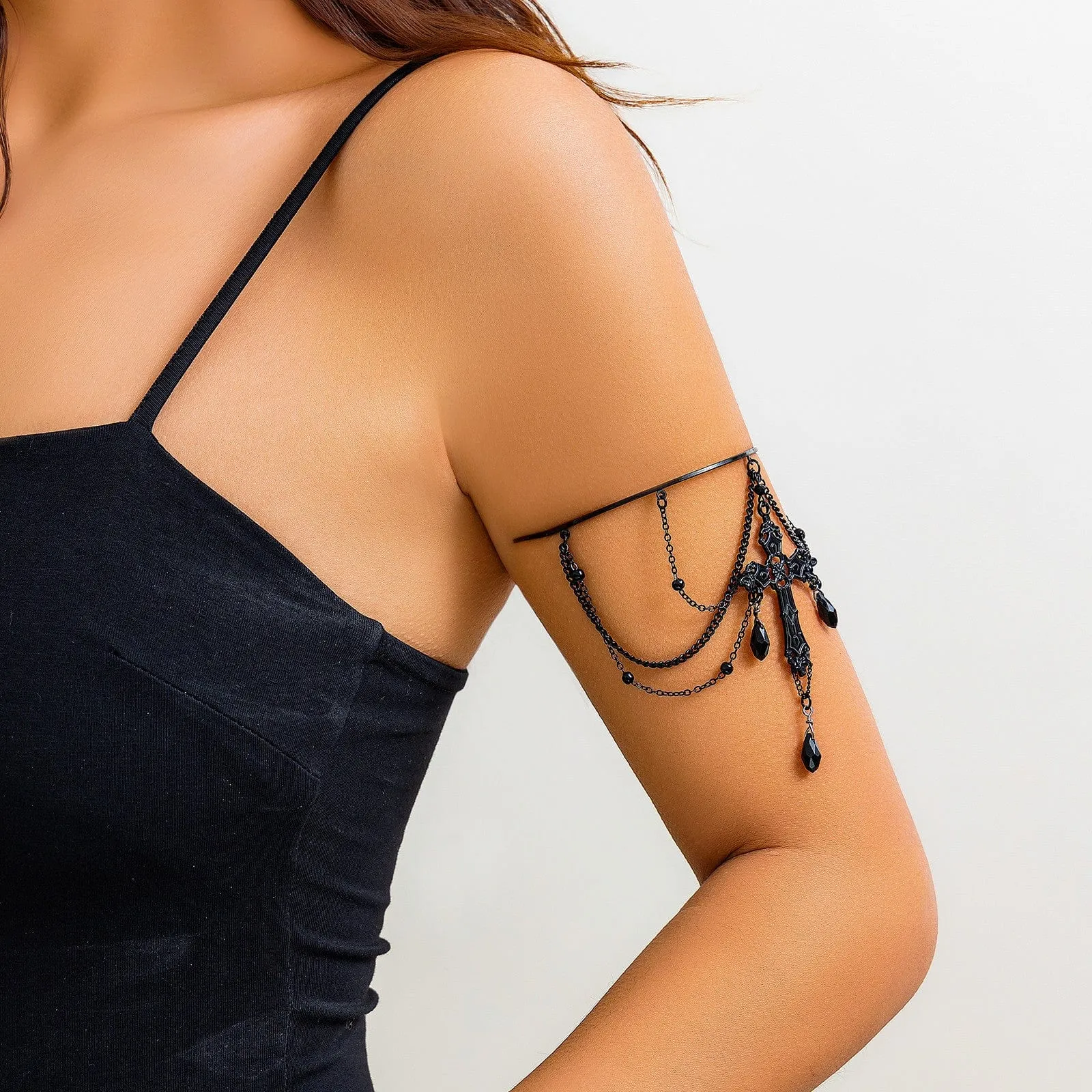Gothic Layered Crystal Tassel Cross Arm Cuff