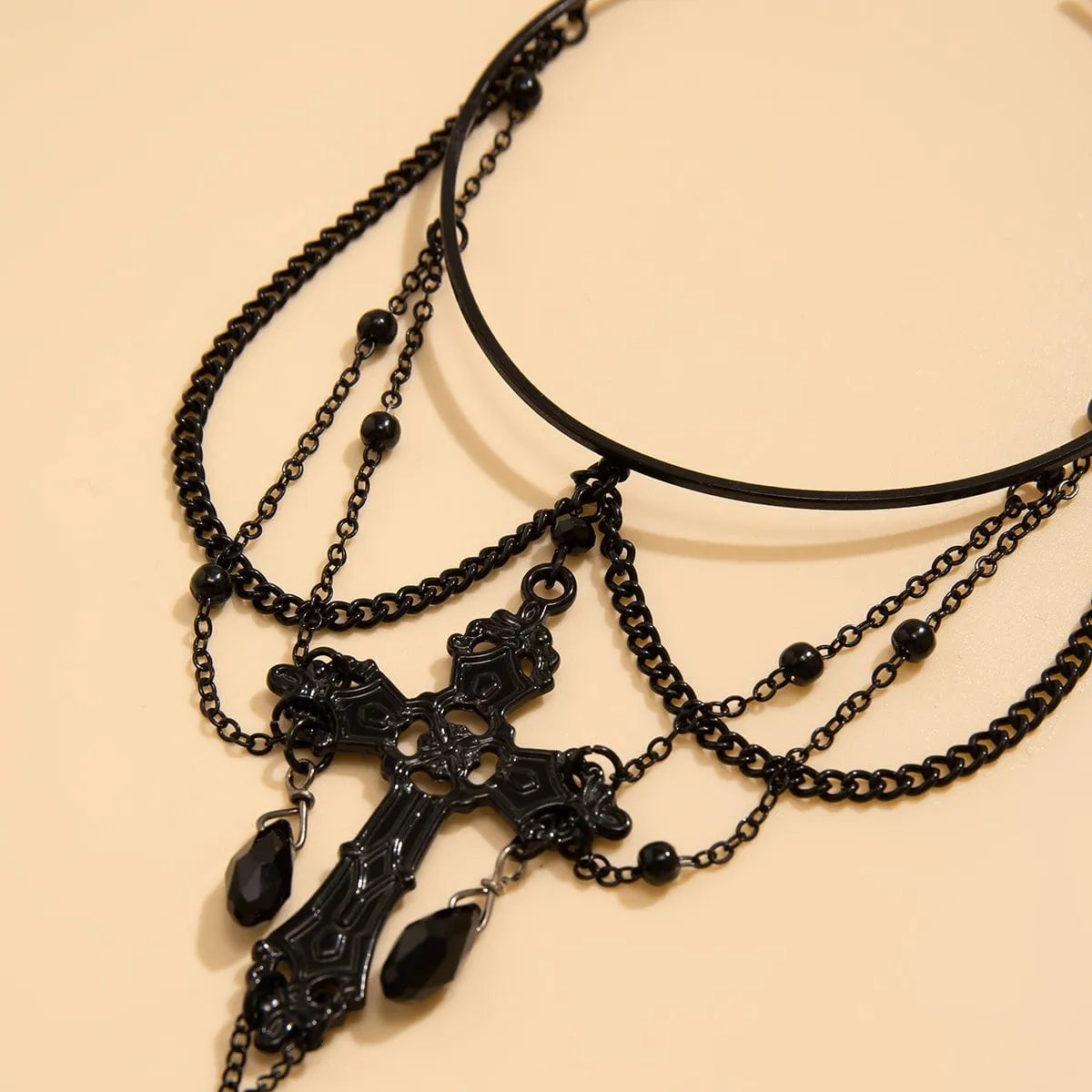 Gothic Layered Crystal Tassel Cross Arm Cuff