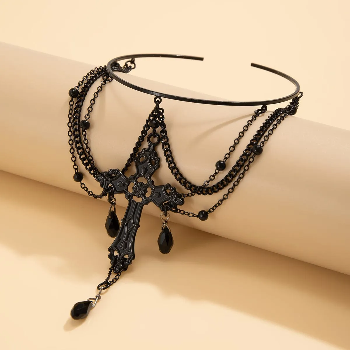 Gothic Layered Crystal Tassel Cross Arm Cuff