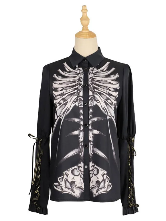 Gothic Lolita Blouses Lolita Top Turndown Collar Long Sleeves Black Lolita Shirt
