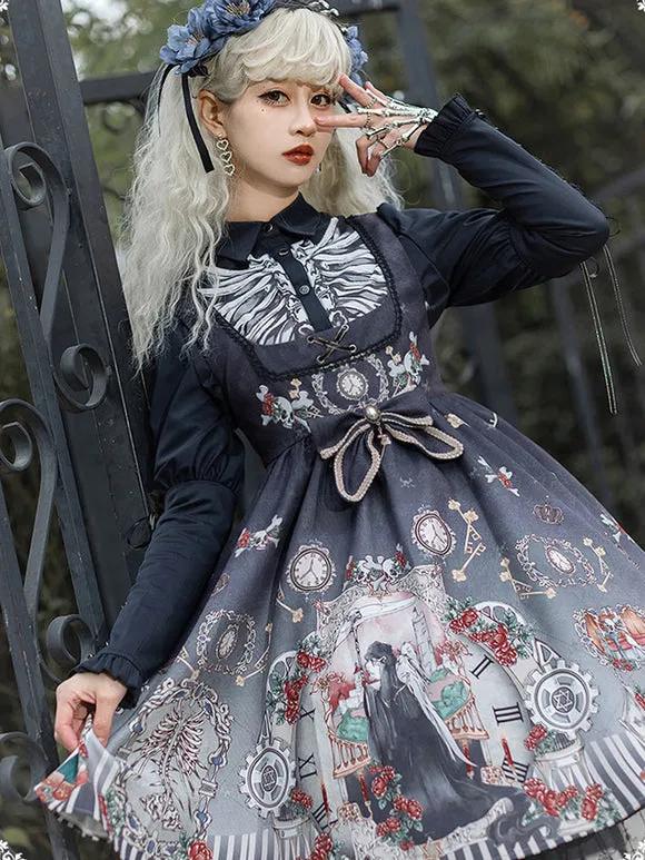 Gothic Lolita Blouses Lolita Top Turndown Collar Long Sleeves Black Lolita Shirt