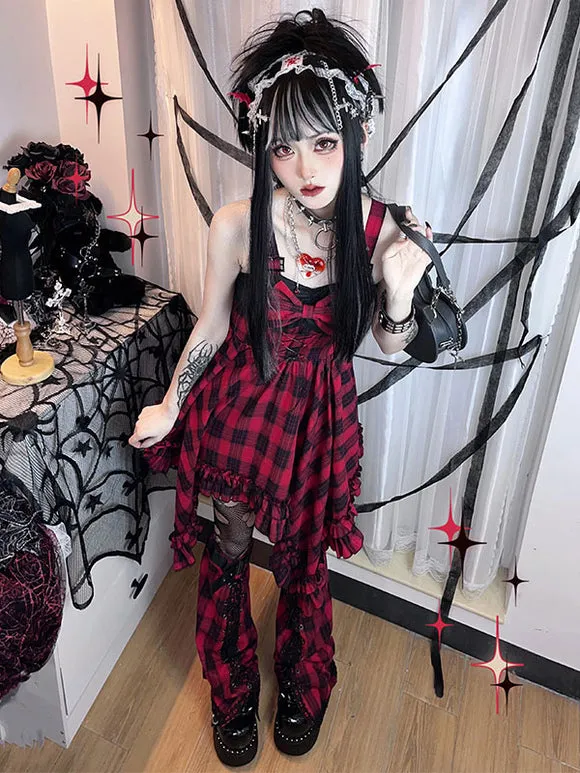 Gothic Lolita Dress Ruffles Lace up Bows Plaid Sleeveless Red Lolita Jumper Skirts