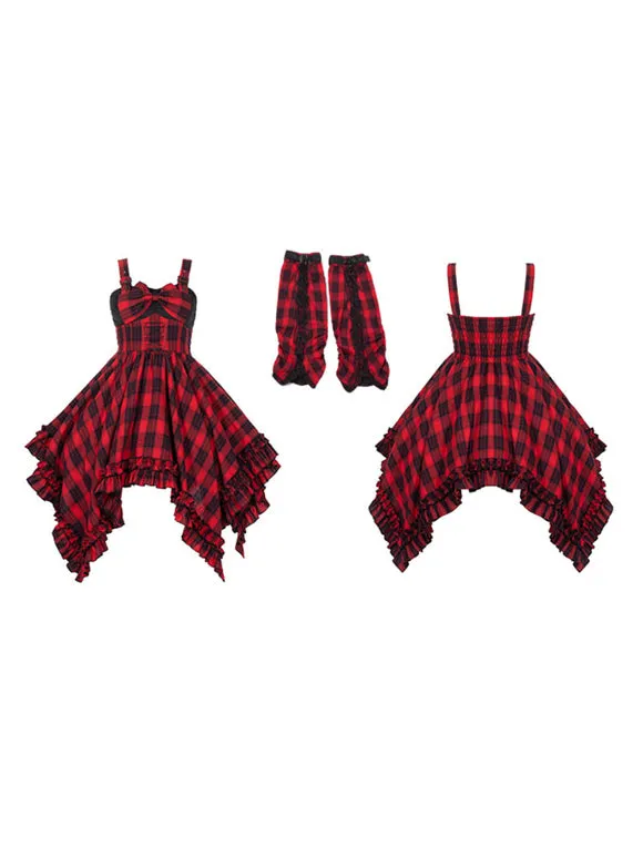 Gothic Lolita Dress Ruffles Lace up Bows Plaid Sleeveless Red Lolita Jumper Skirts