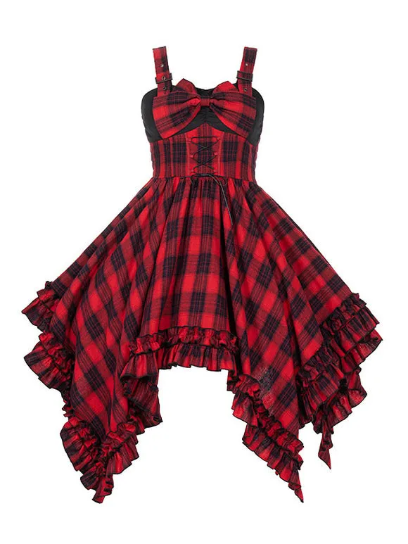Gothic Lolita Dress Ruffles Lace up Bows Plaid Sleeveless Red Lolita Jumper Skirts