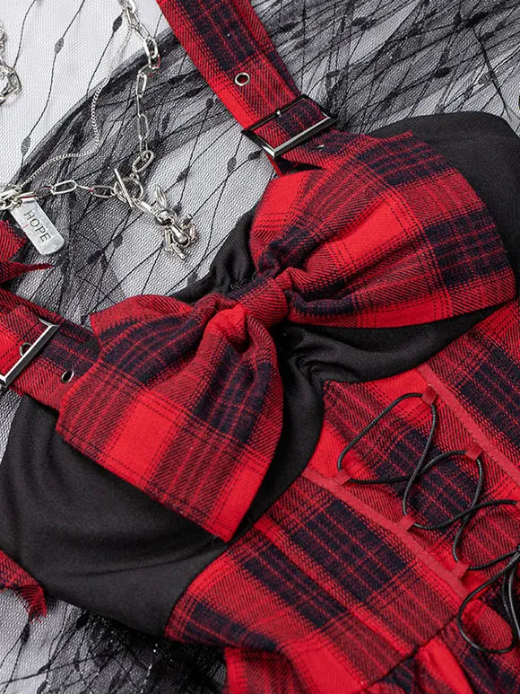 Gothic Lolita Dress Ruffles Lace up Bows Plaid Sleeveless Red Lolita Jumper Skirts