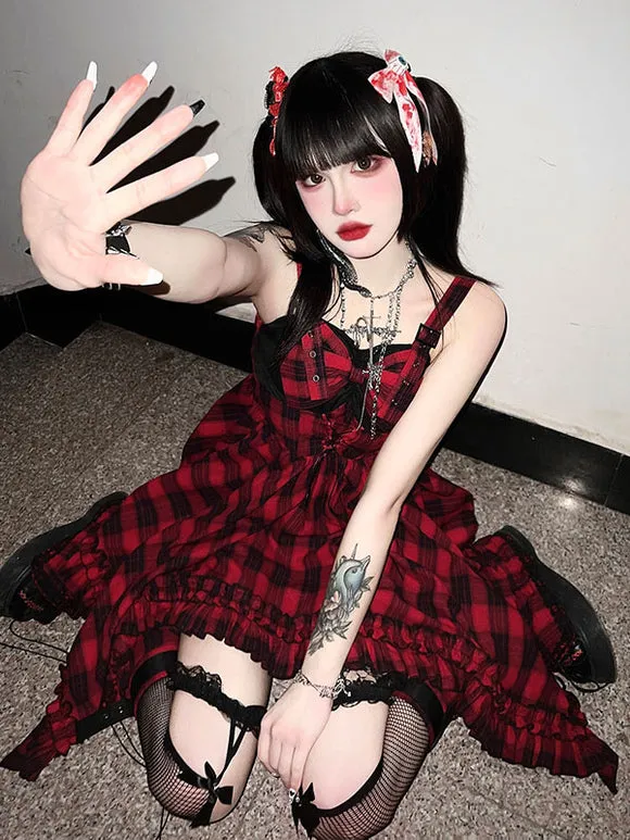 Gothic Lolita Dress Ruffles Lace up Bows Plaid Sleeveless Red Lolita Jumper Skirts