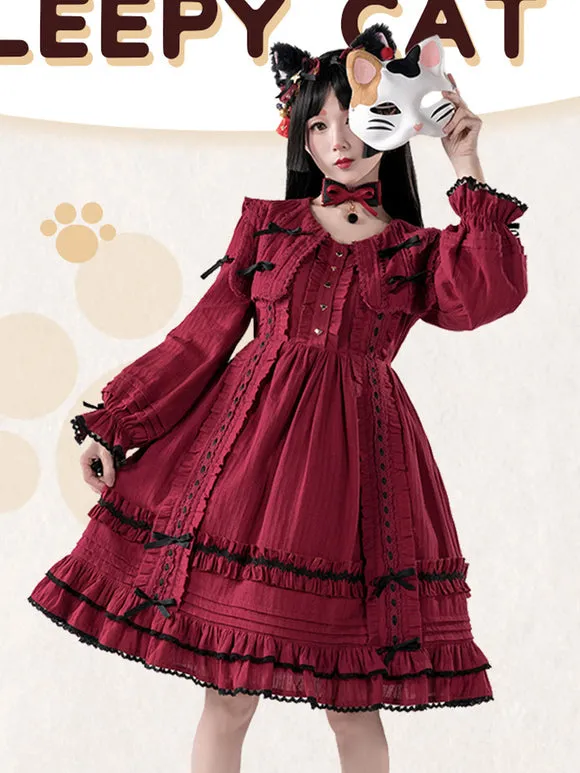 Gothic Lolita Dresses Bows Lace Color Block Black Black