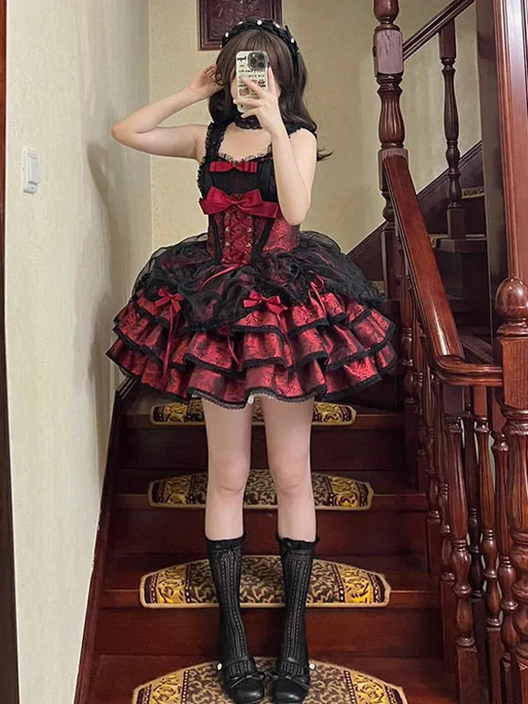 Gothic Lolita Dresses Bows Lace Up Jacquard Black Romance Gothic Lolita