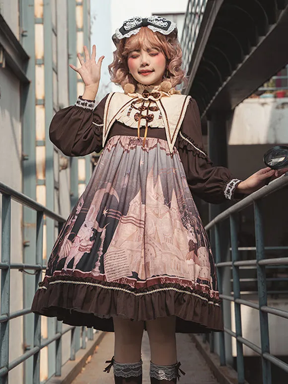 Gothic Lolita Dresses Bows Ruffles Floral Print Coffee Brown Coffee Brown