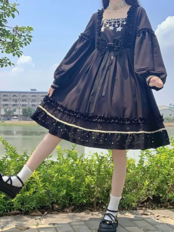 Gothic Lolita Dresses Bows Ruffles Stars Print Black