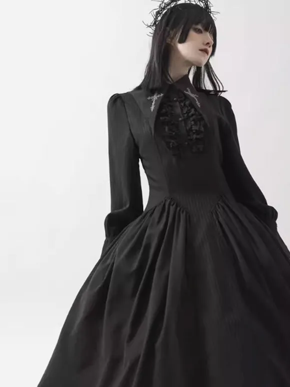Gothic Lolita Dresses Classical Long Sleeves Pleated Ruffles Vintage Victorian Style