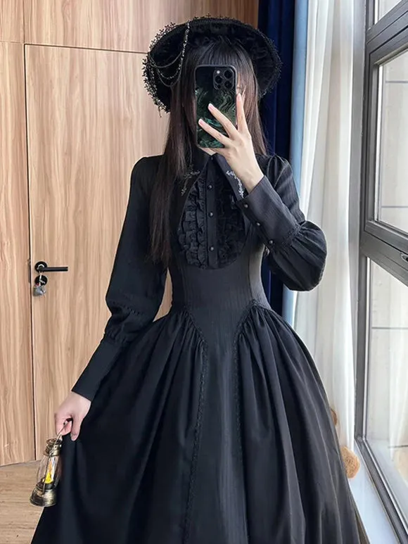 Gothic Lolita Dresses Classical Long Sleeves Pleated Ruffles Vintage Victorian Style