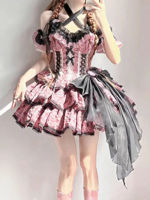 Gothic Lolita Dresses Flowers Ruffles Floral Print Pink Pink