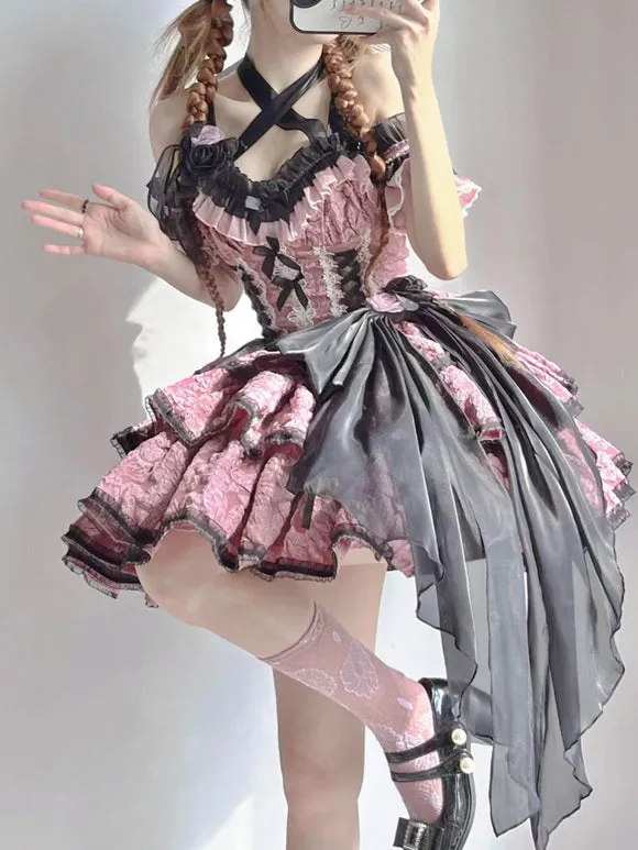 Gothic Lolita Dresses Flowers Ruffles Floral Print Pink Pink