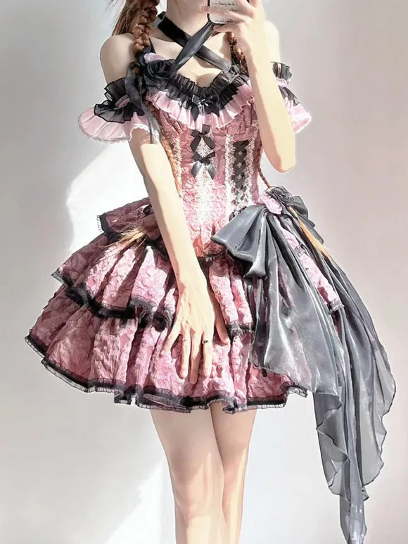 Gothic Lolita Dresses Flowers Ruffles Floral Print Pink Pink
