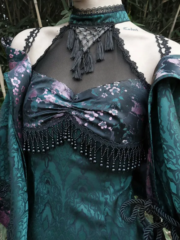 Gothic Lolita Dresses Fringe Lace Color ;Floral Print Dark Green