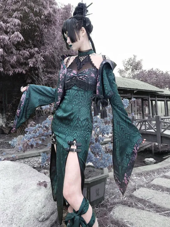 Gothic Lolita Dresses Fringe Lace Color ;Floral Print Dark Green