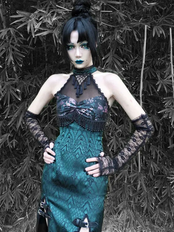 Gothic Lolita Dresses Fringe Lace Color ;Floral Print Dark Green