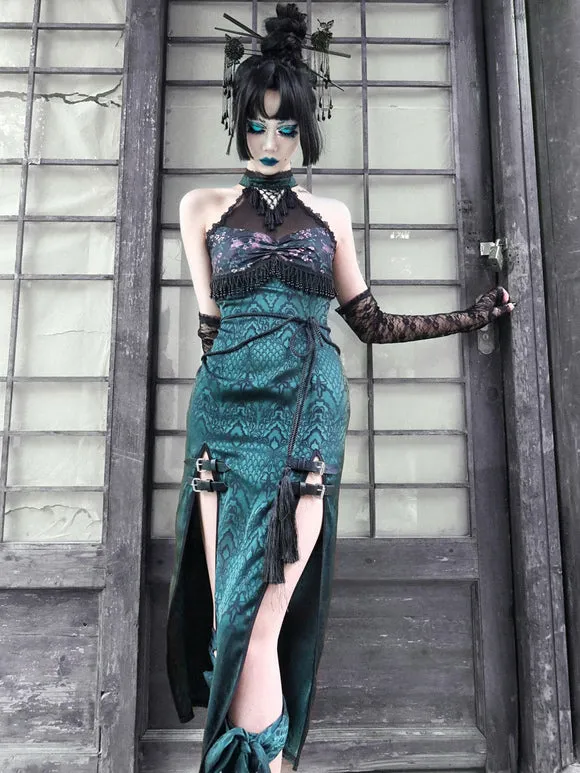 Gothic Lolita Dresses Fringe Lace Color ;Floral Print Dark Green