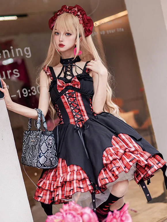 Gothic Lolita Dresses Grommets Lace Up Plaid Black Red