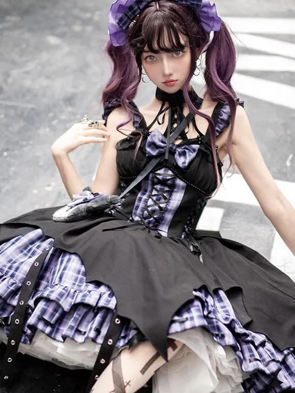 Gothic Lolita Dresses Grommets Lace Up Plaid Black Red