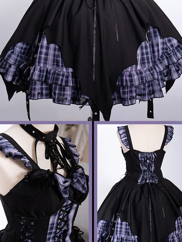 Gothic Lolita Dresses Grommets Lace Up Plaid Black Red