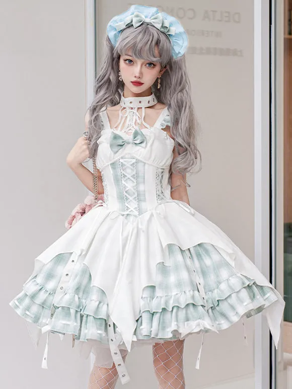 Gothic Lolita Dresses Grommets Lace Up Plaid Black Red