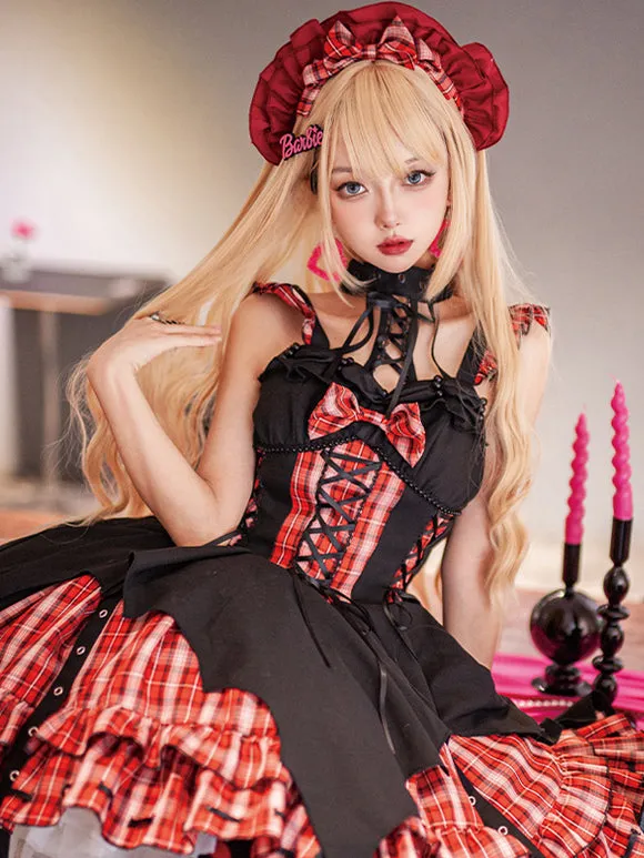Gothic Lolita Dresses Grommets Lace Up Plaid Black Red