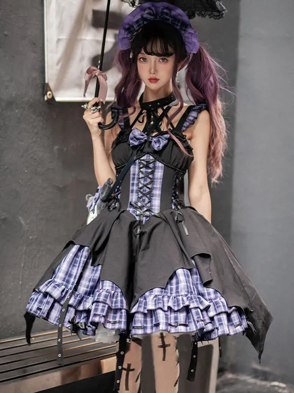 Gothic Lolita Dresses Grommets Lace Up Plaid Black Red