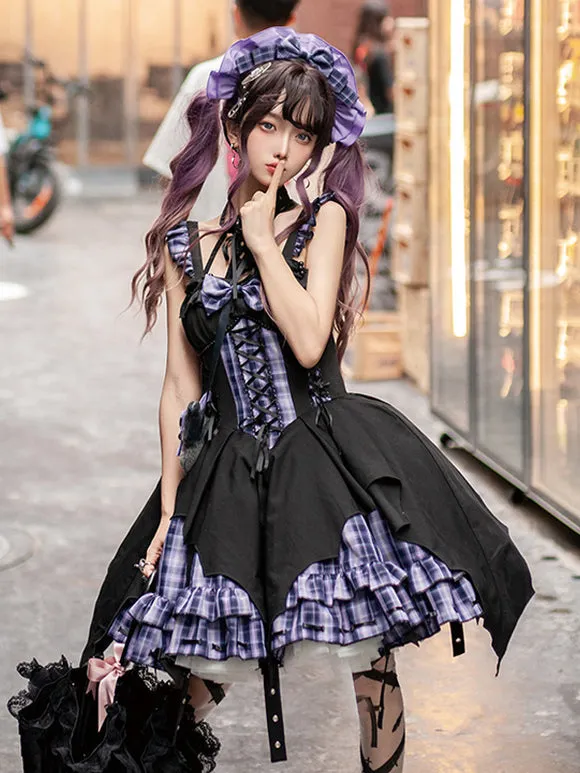 Gothic Lolita Dresses Grommets Lace Up Plaid Black Red