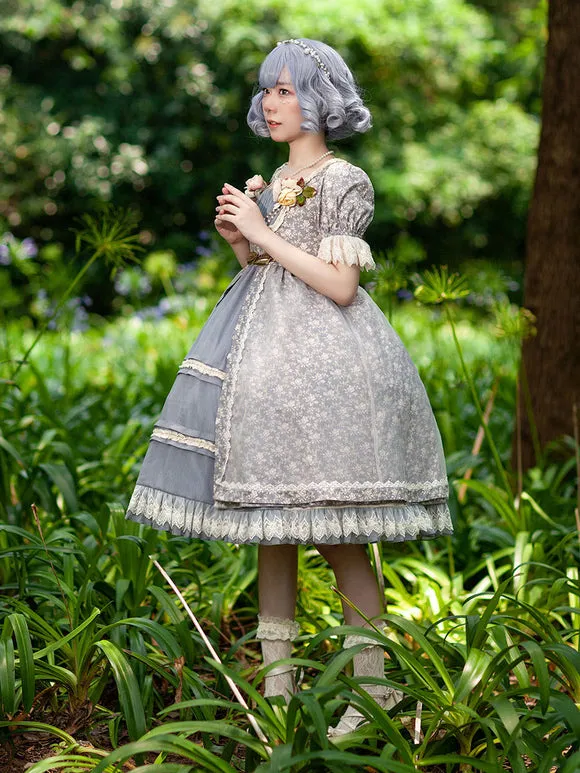 Gothic Lolita Dresses Lace Floral Print Blue Gray Blue Gray