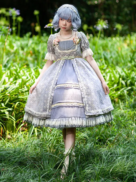 Gothic Lolita Dresses Lace Floral Print Blue Gray Blue Gray