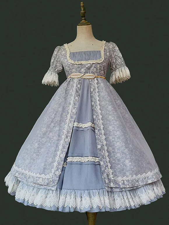Gothic Lolita Dresses Lace Floral Print Blue Gray Blue Gray