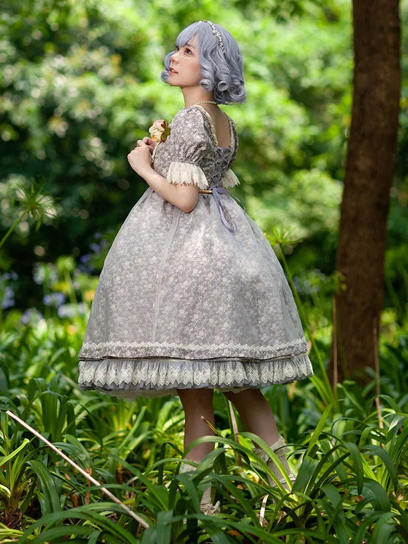 Gothic Lolita Dresses Lace Floral Print Blue Gray Blue Gray