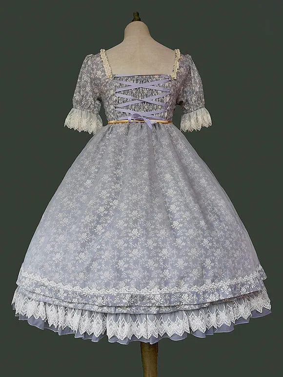 Gothic Lolita Dresses Lace Floral Print Blue Gray Blue Gray