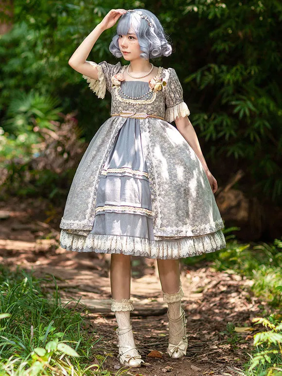 Gothic Lolita Dresses Lace Floral Print Blue Gray Blue Gray