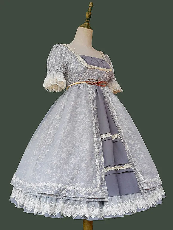 Gothic Lolita Dresses Lace Floral Print Blue Gray Blue Gray