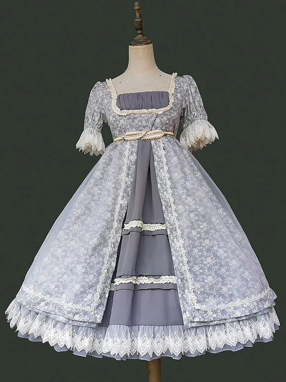Gothic Lolita Dresses Lace Floral Print Blue Gray Blue Gray