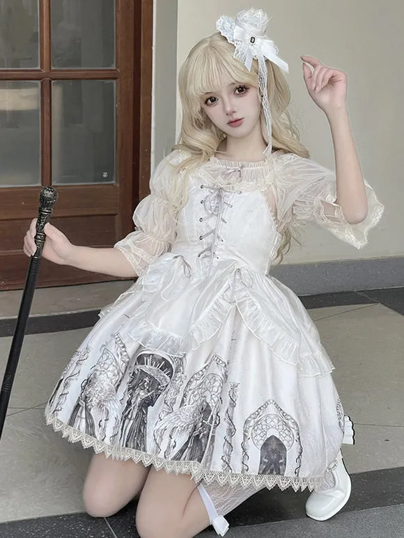 Gothic Lolita Dresses Lace Up Ruffles Floral Print Black Apricot Romance Gothic Lolita